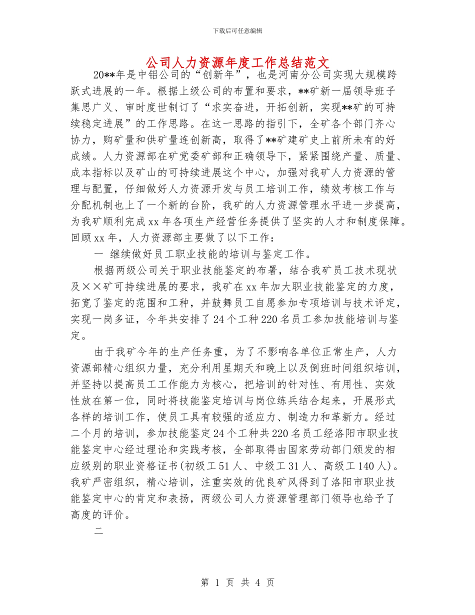 公司人力资源年度工作总结范文_第1页