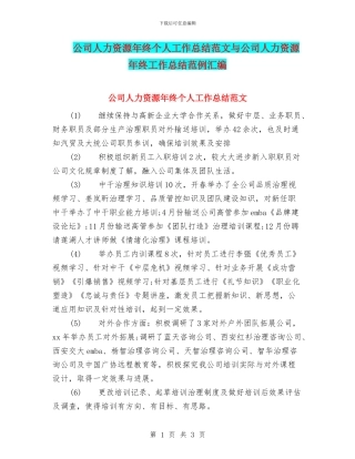 公司人力资源年终个人工作总结范文与公司人力资源年终工作总结范例汇编