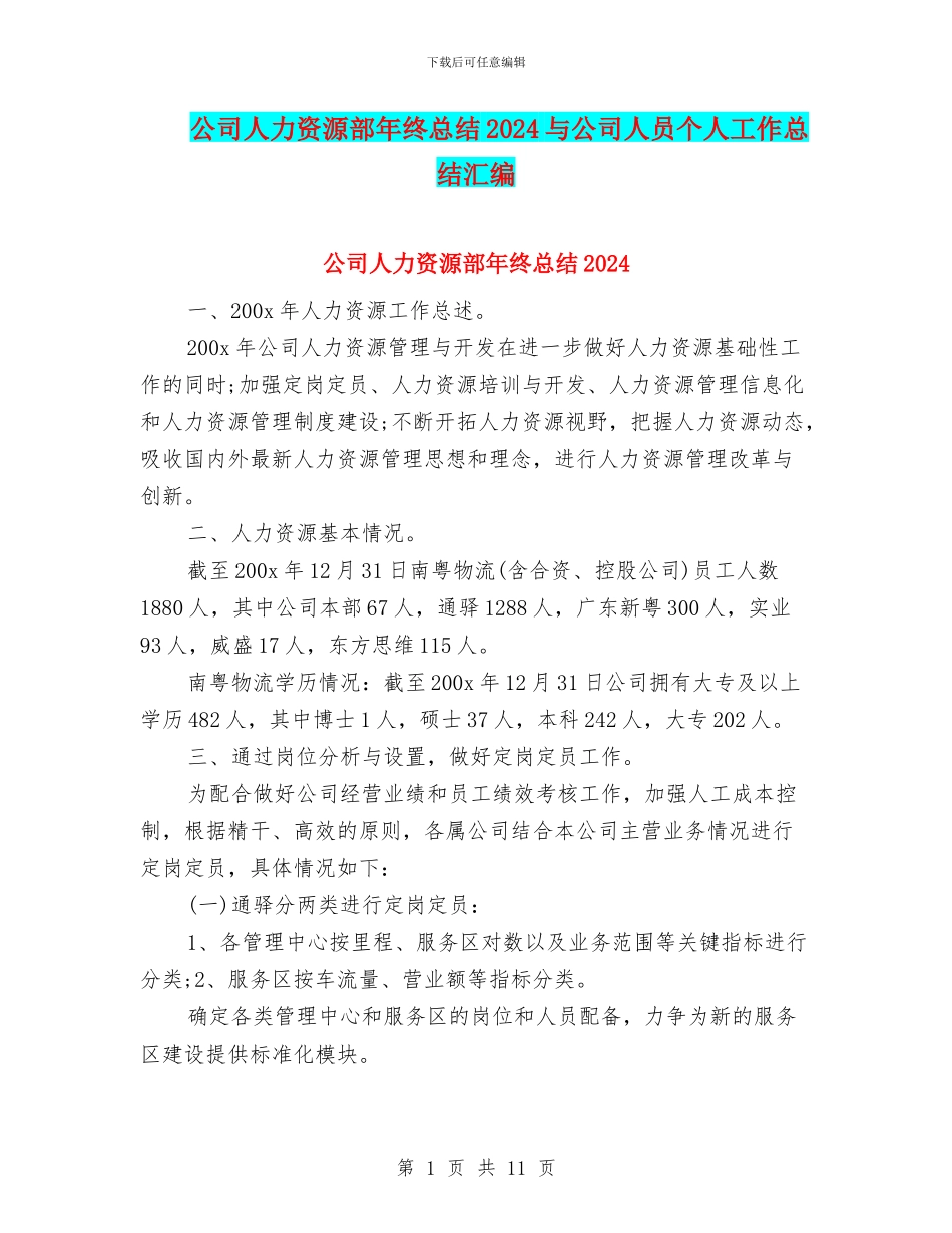 公司人力资源部年终总结2024与公司人员个人工作总结汇编_第1页