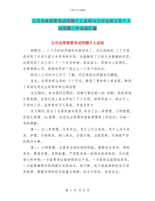 公司仓库保管员试用期个人总结与公司仓库文员个人试用期工作总结汇编