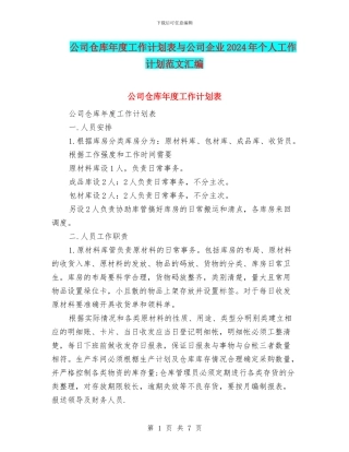 公司仓库年度工作计划表与公司企业2024年个人工作计划范文汇编