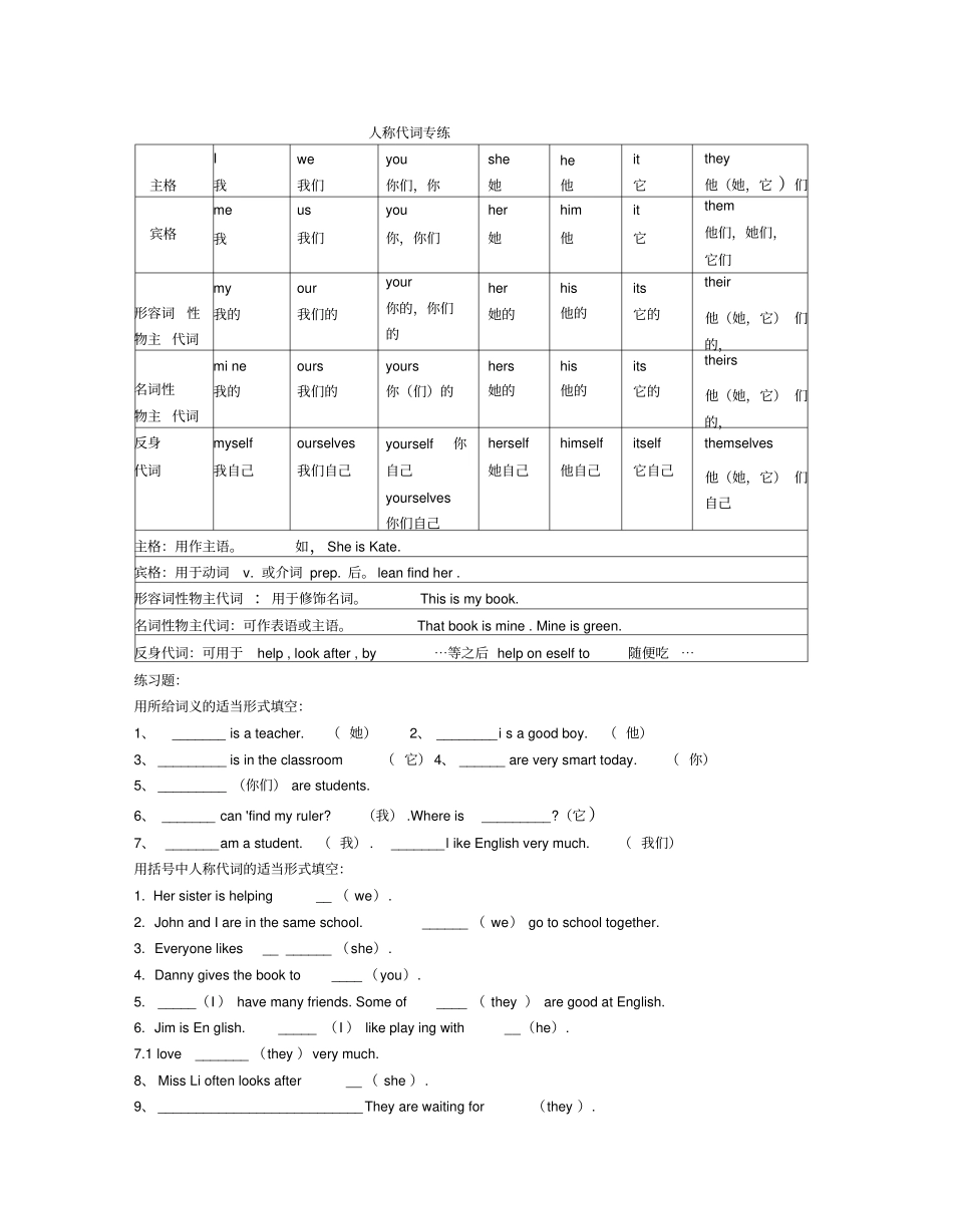 人称代词和名词所有格专练_第1页