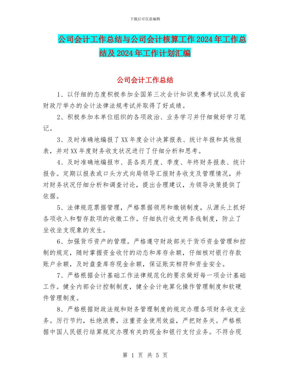 公司会计工作总结与公司会计核算工作2024年工作总结及2024年工作计划汇编_第1页
