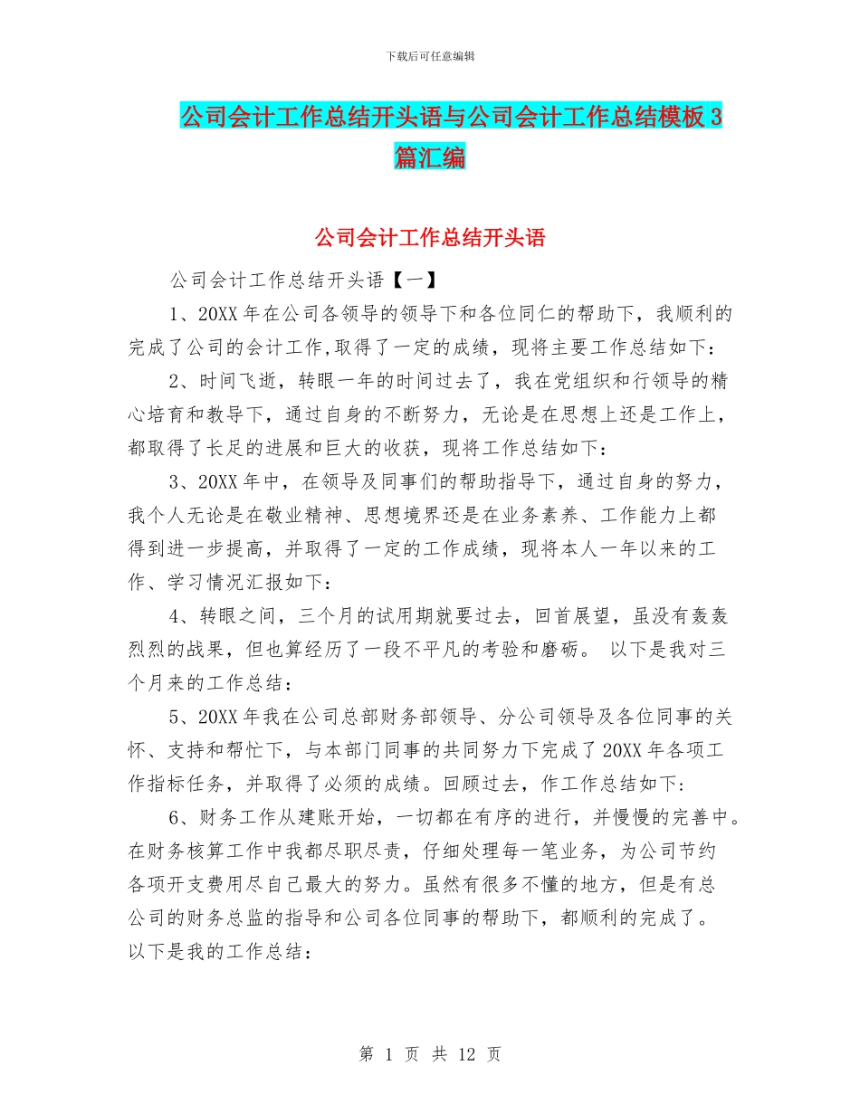 公司会计工作总结开头语与公司会计工作总结模板3篇汇编_第1页