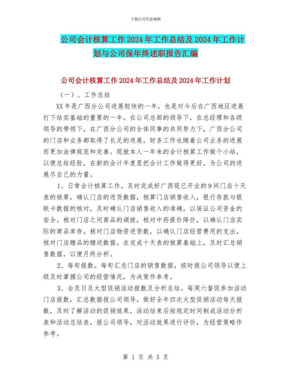 公司会计核算工作2024年工作总结及2024年工作计划与公司保年终述职报告汇编_第1页
