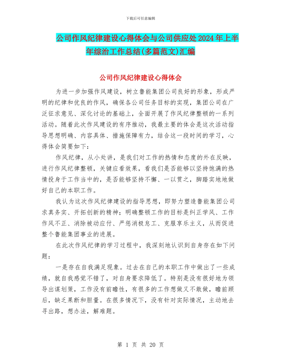 公司作风纪律建设心得体会与公司供应处2024年上半年综治工作总结汇编_第1页