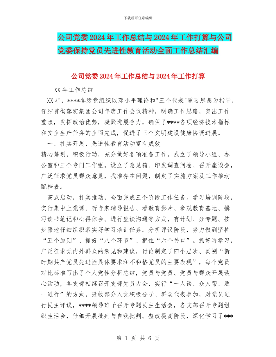 公司党委2024年工作总结与2024年工作打算与公司党委保持党员先进性教育活动全面工作总结汇编_第1页