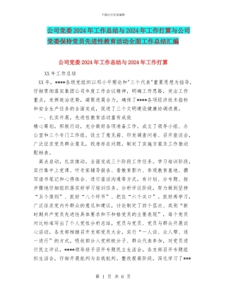 公司党委2024年工作总结与2024年工作打算与公司党委保持党员先进性教育活动全面工作总结汇编