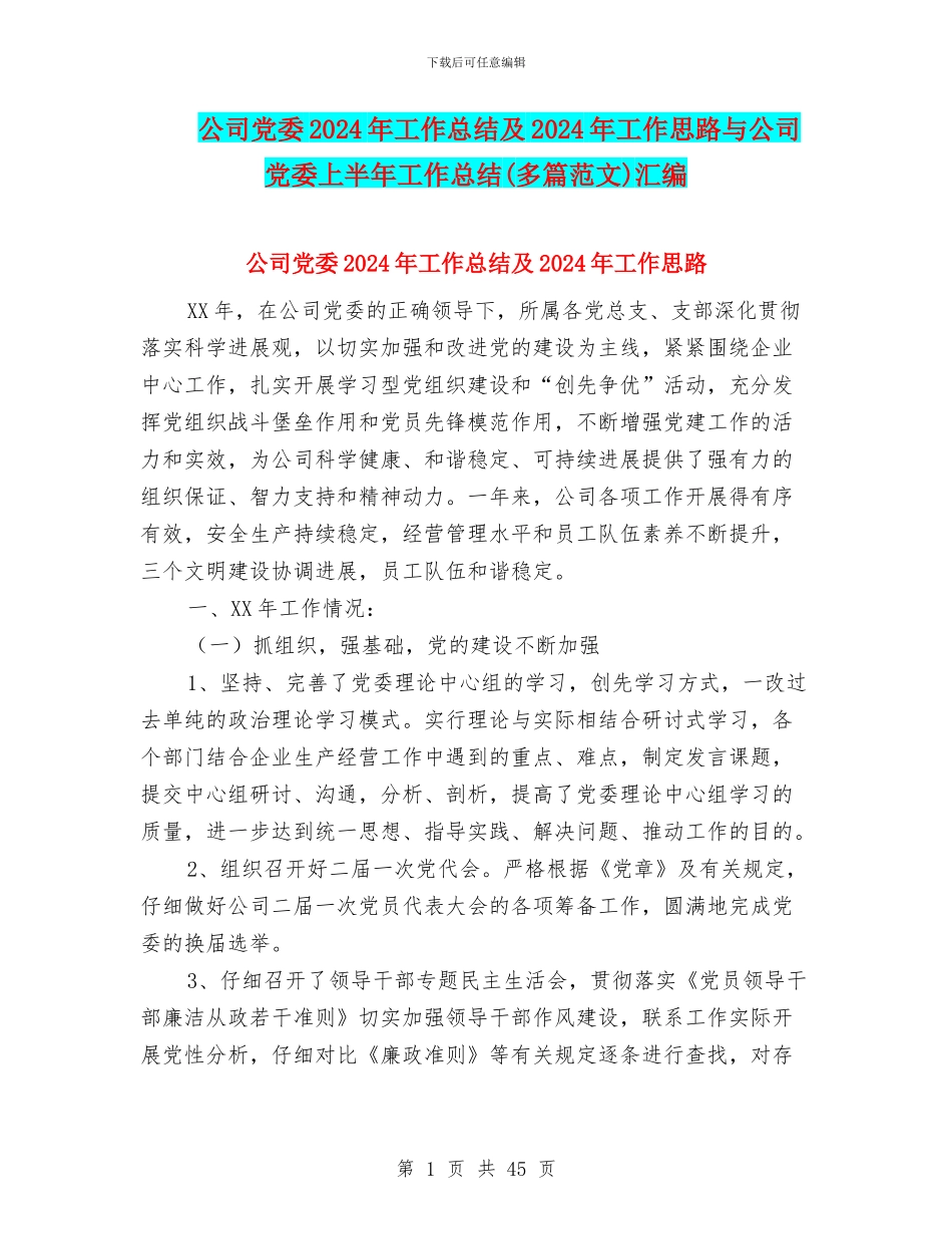 公司党委2024年工作总结及2024年工作思路与公司党委上半年工作总结汇编_第1页