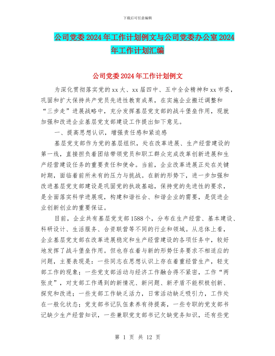 公司党委2024年工作计划例文与公司党委办公室2024年工作计划汇编_第1页
