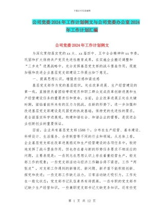 公司党委2024年工作计划例文与公司党委办公室2024年工作计划汇编