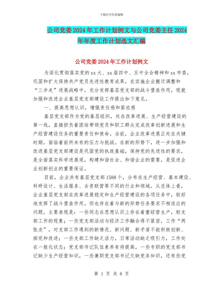 公司党委2024年工作计划例文与公司党委主任2024年年度工作计划选文汇编_第1页