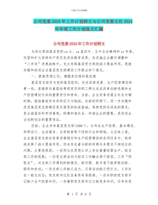 公司党委2024年工作计划例文与公司党委主任2024年年度工作计划选文汇编