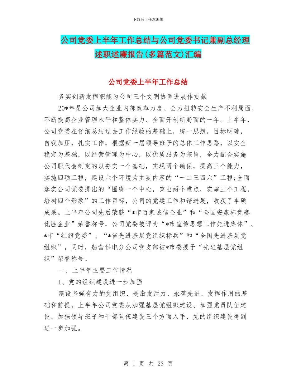 公司党委上半年工作总结与公司党委书记兼副总经理述职述廉报告汇编_第1页
