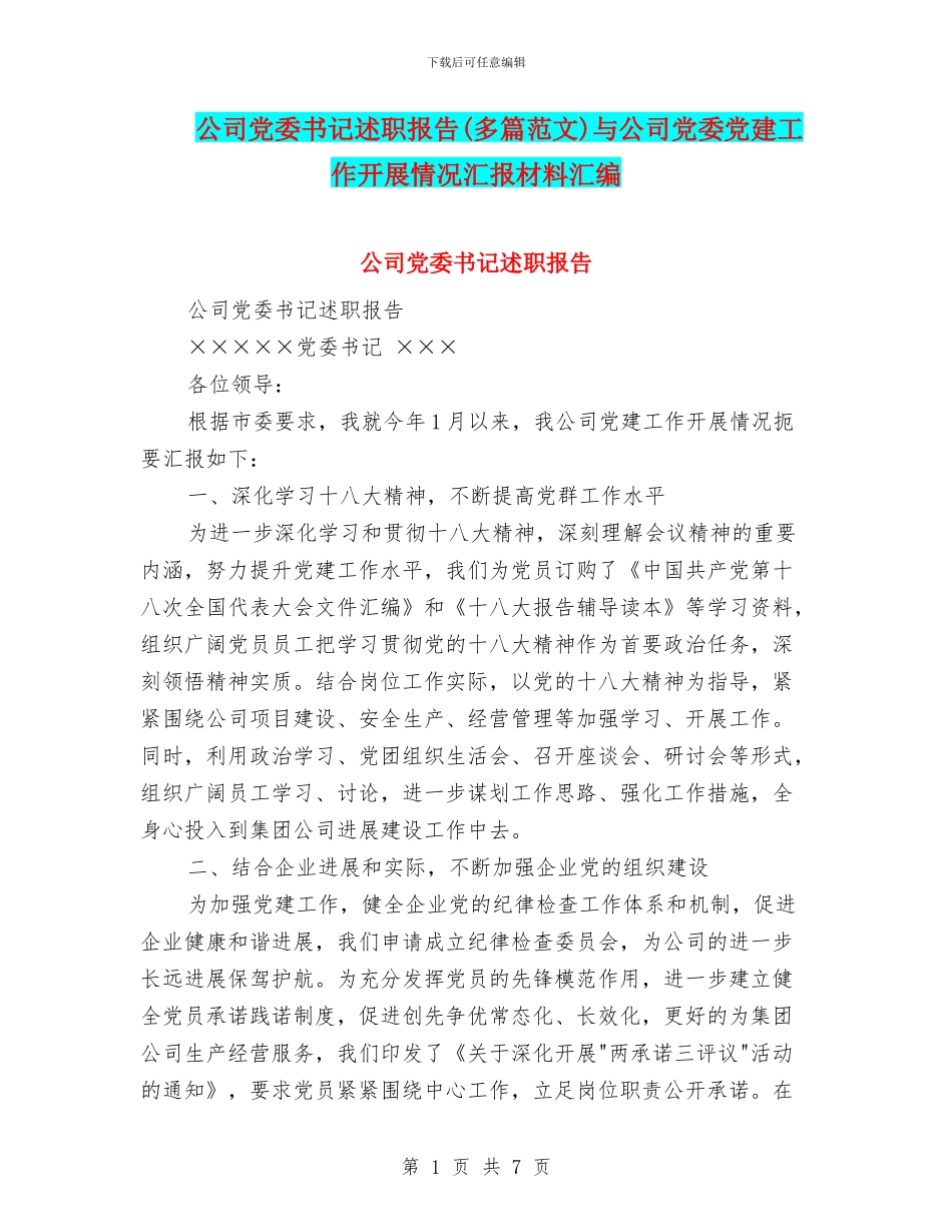 公司党委书记述职报告与公司党委党建工作开展情况汇报材料汇编_第1页