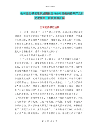 公司党委书记述职述廉报告与公司党委保持共产党员先进性第一阶段总结汇编