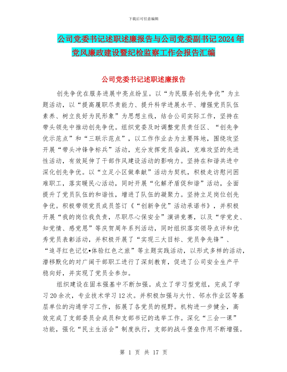 公司党委书记述职述廉报告与公司党委副书记2024年党风廉政建设暨纪检监察工作会报告汇编_第1页