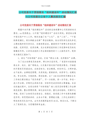 公司党委关于贯彻落实“组织建设年”活动情况汇报与公司党委办公室个人整改报告汇编