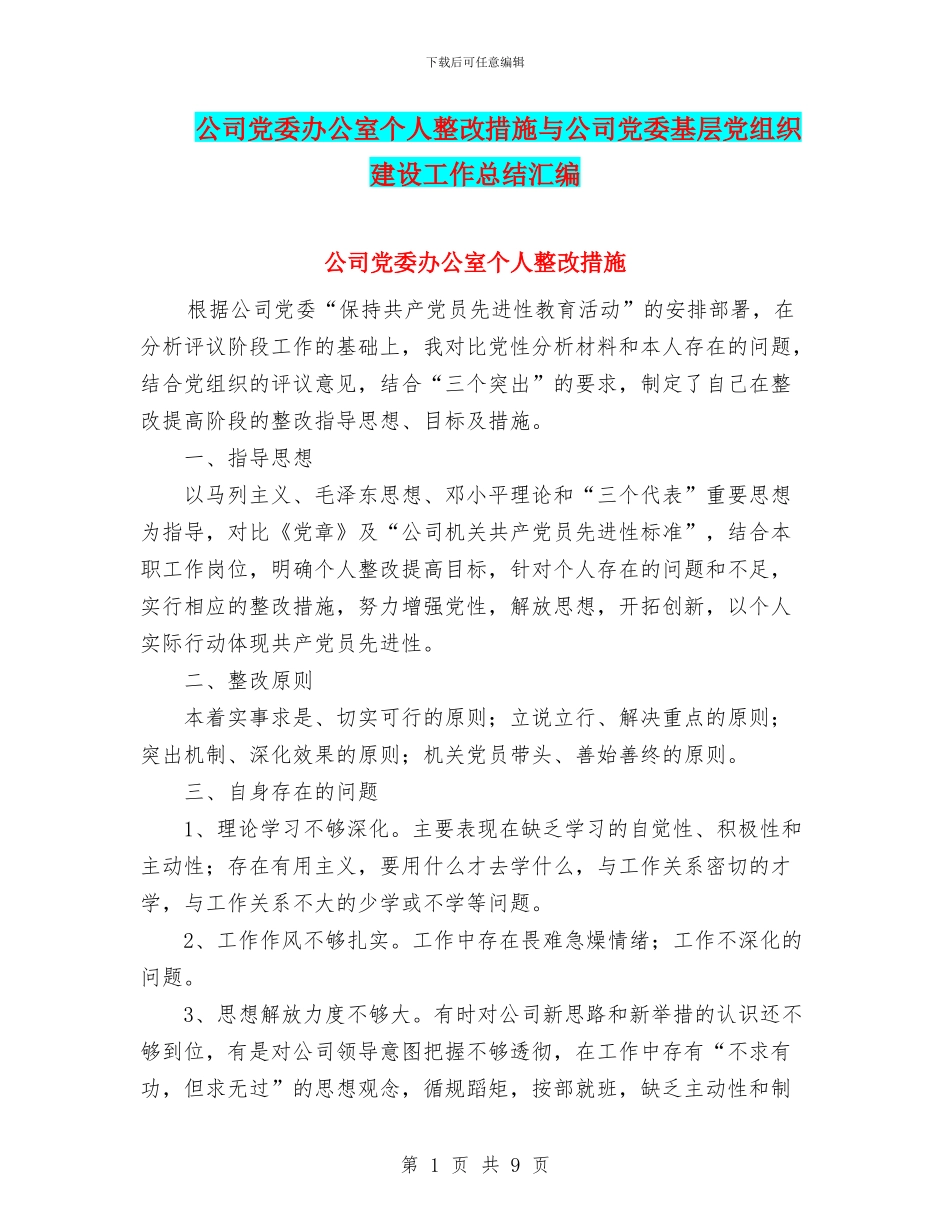 公司党委办公室个人整改措施与公司党委基层党组织建设工作总结汇编_第1页