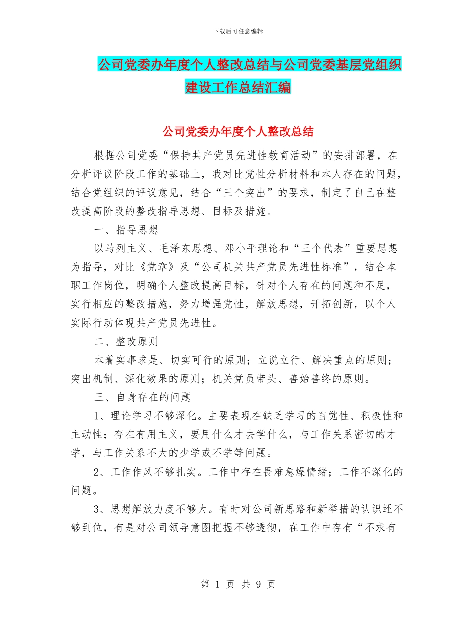 公司党委办年度个人整改总结与公司党委基层党组织建设工作总结汇编_第1页