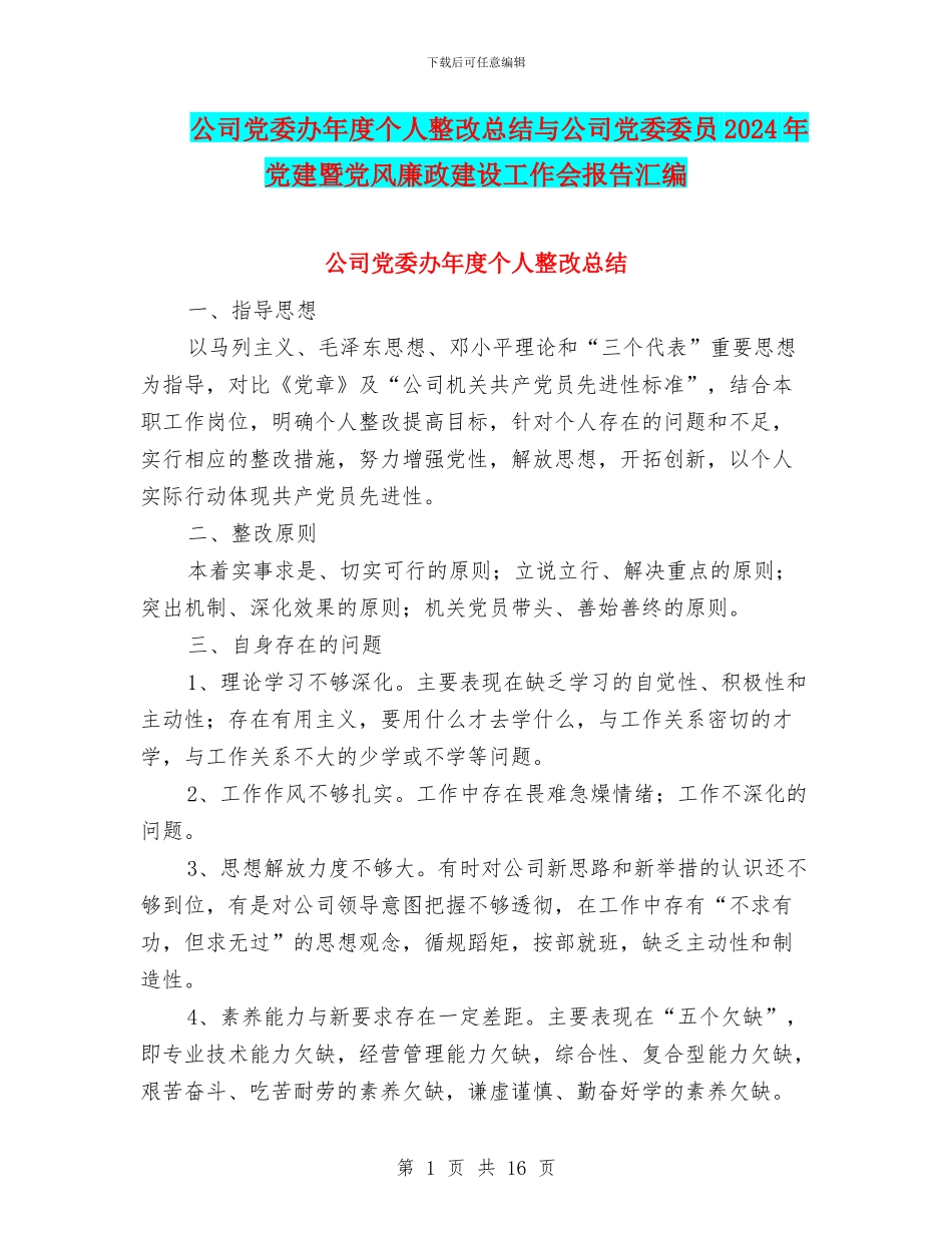 公司党委办年度个人整改总结与公司党委委员2024年党建暨党风廉政建设工作会报告汇编_第1页