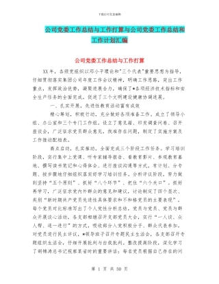 公司党委工作总结与工作打算与公司党委工作总结和工作计划汇编
