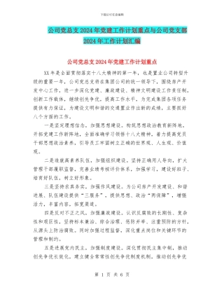 公司党总支2024年党建工作计划重点与公司党支部2024年工作计划汇编