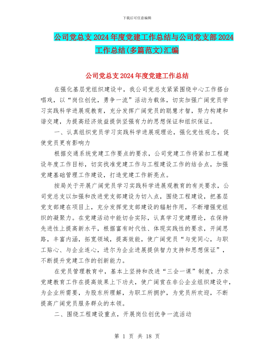 公司党总支2024年度党建工作总结与公司党支部2024工作总结汇编_第1页