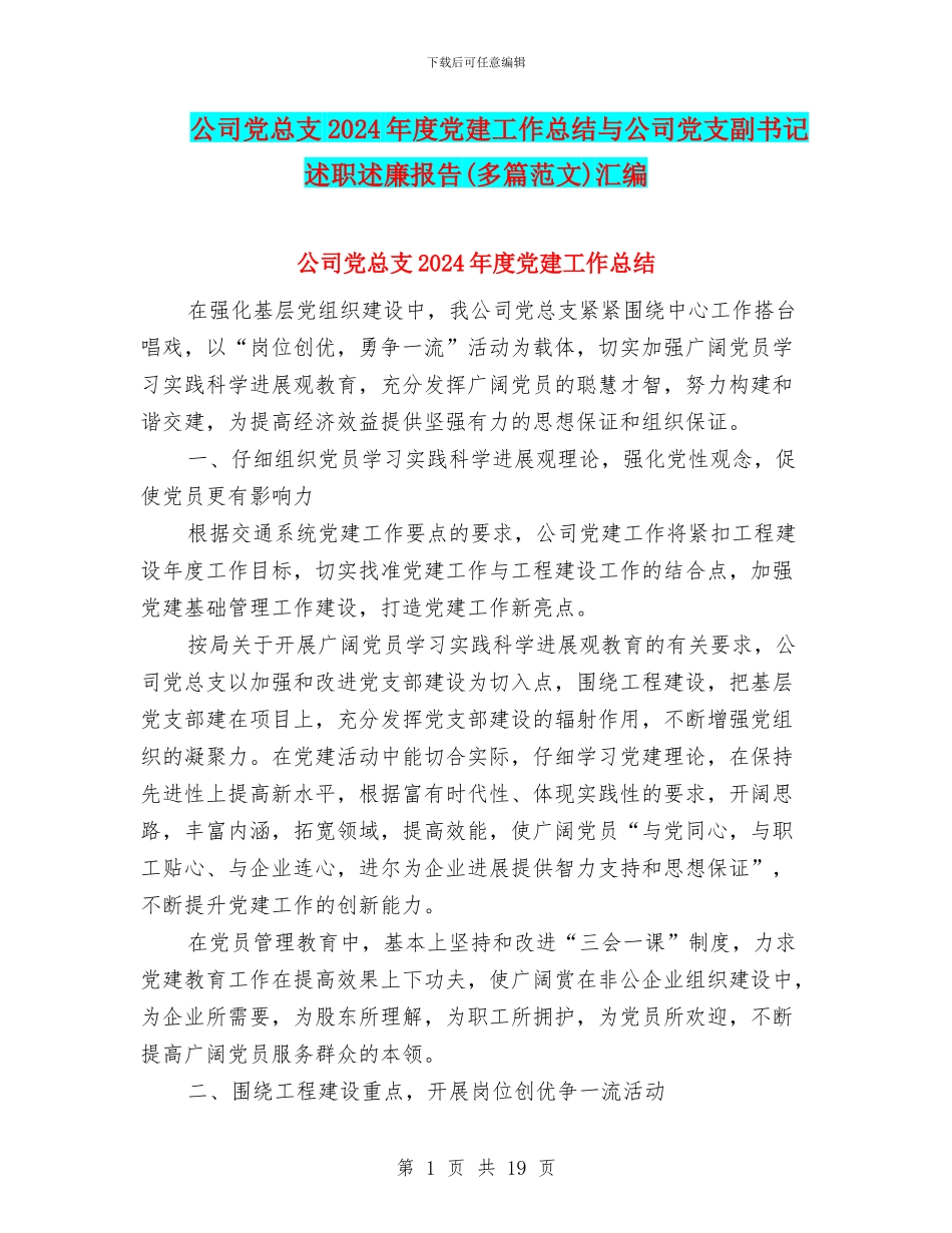 公司党总支2024年度党建工作总结与公司党支副书记述职述廉报告汇编_第1页