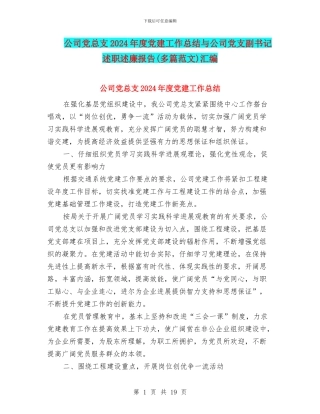 公司党总支2024年度党建工作总结与公司党支副书记述职述廉报告汇编