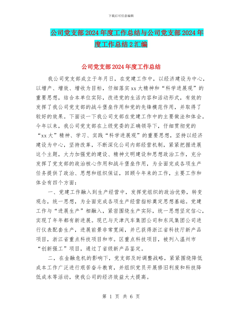 公司党支部2024年度工作总结与公司党支部2024年度工作总结2汇编_第1页
