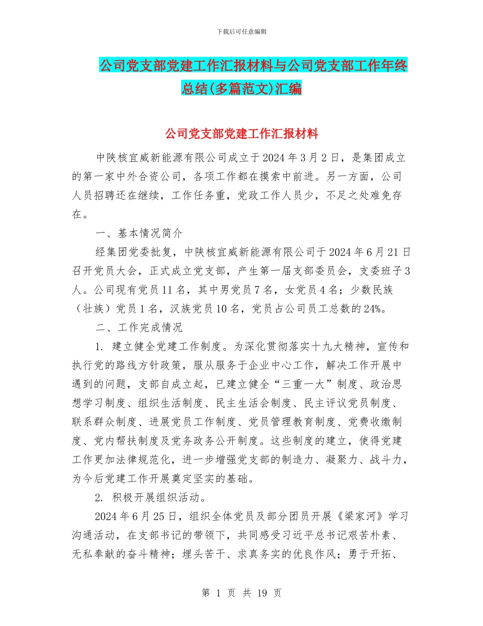 公司党支部党建工作汇报材料与公司党支部工作年终总结汇编_第1页