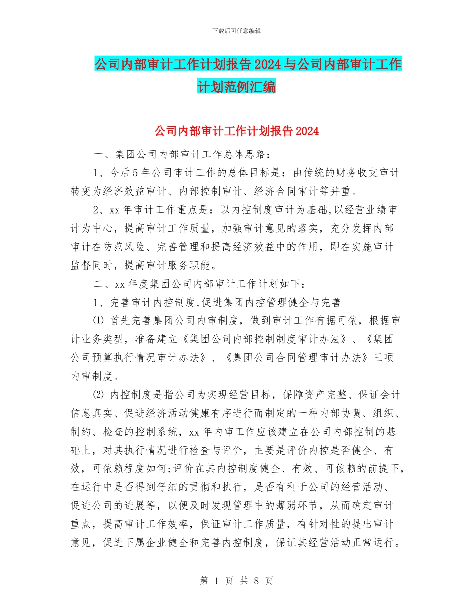 公司内部审计工作计划报告2024与公司内部审计工作计划范例汇编_第1页