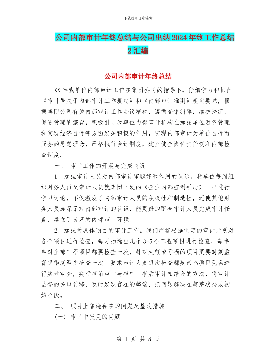 公司内部审计年终总结与公司出纳2024年终工作总结2汇编_第1页