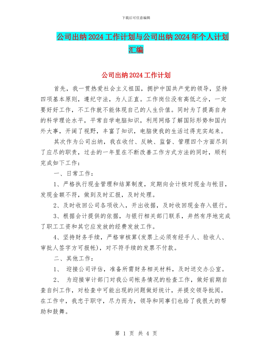 公司出纳2024工作计划与公司出纳2024年个人计划汇编_第1页