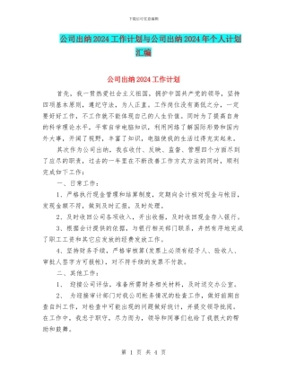 公司出纳2024工作计划与公司出纳2024年个人计划汇编