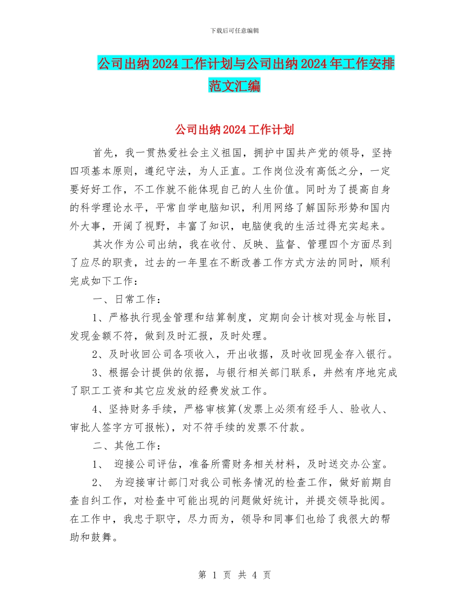 公司出纳2024工作计划与公司出纳2024年工作安排范文汇编_第1页