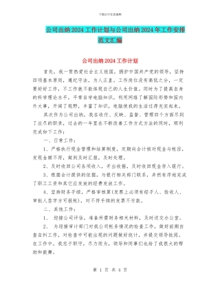 公司出纳2024工作计划与公司出纳2024年工作安排范文汇编