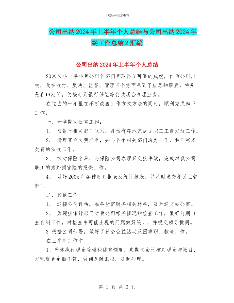 公司出纳2024年上半年个人总结与公司出纳2024年终工作总结2汇编_第1页