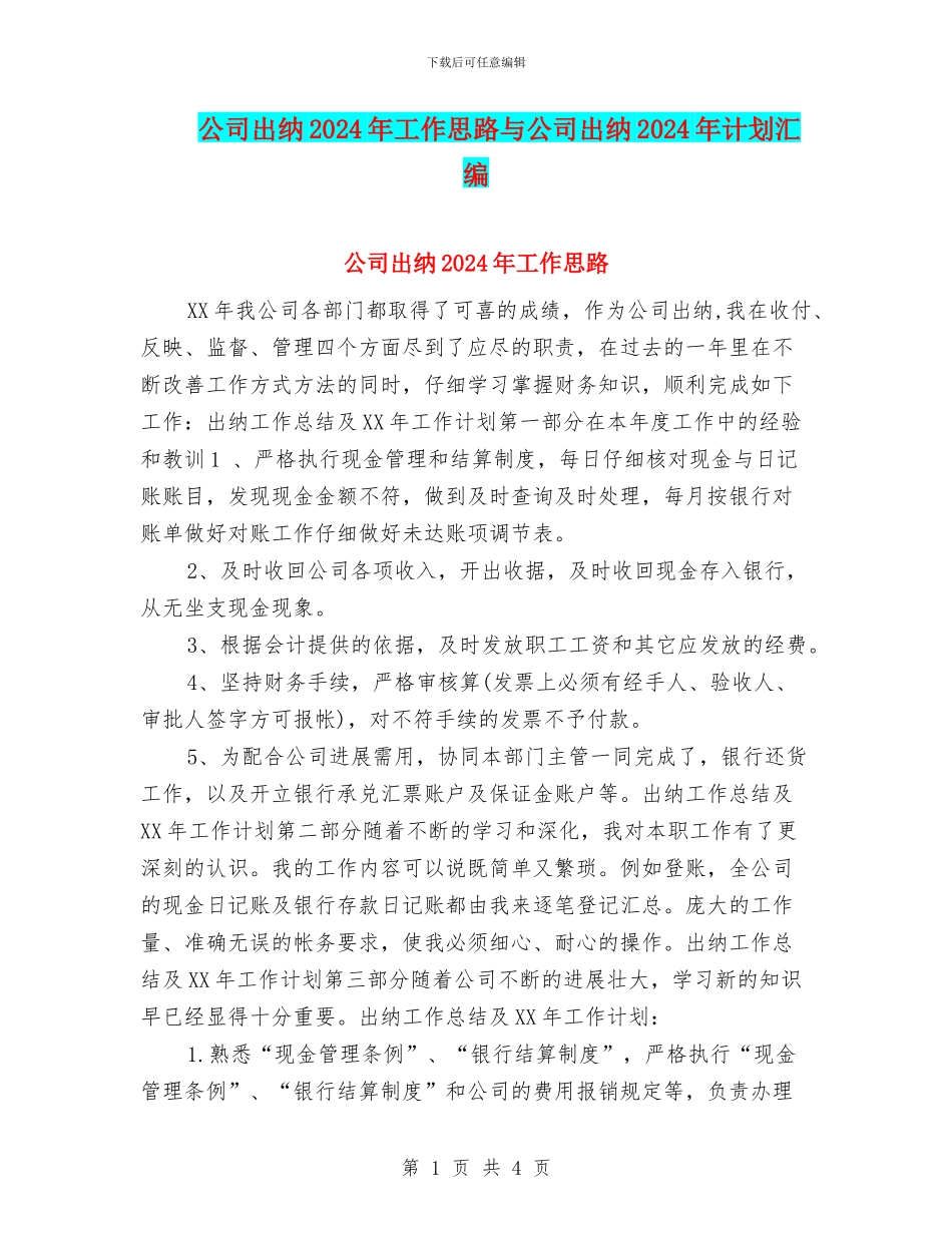公司出纳2024年工作思路与公司出纳2024年计划汇编_第1页