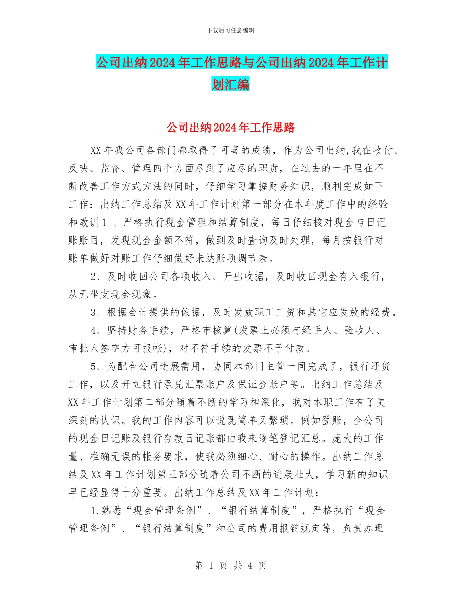 公司出纳2024年工作思路与公司出纳2024年工作计划汇编_第1页