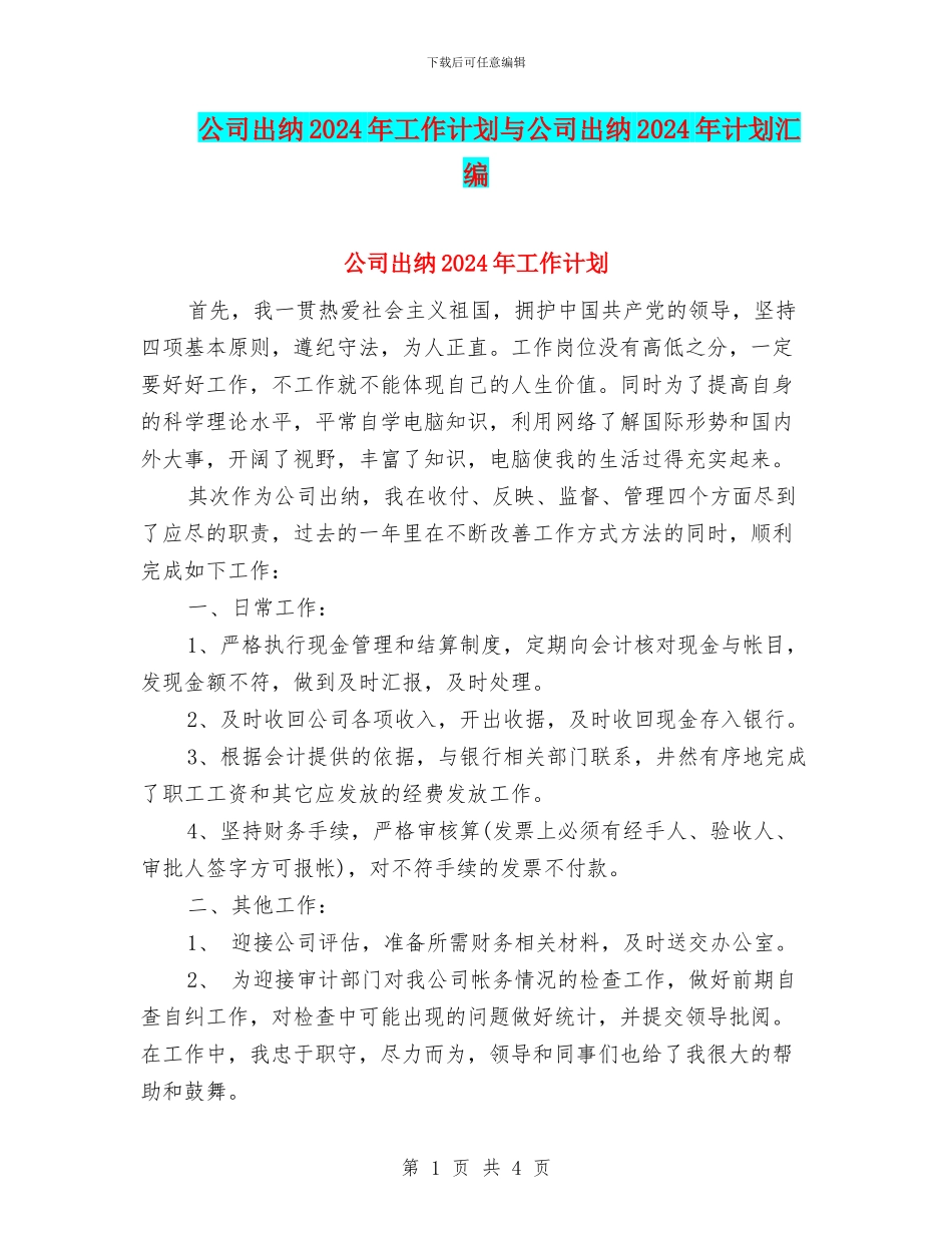 公司出纳2024年工作计划与公司出纳2024年计划汇编_第1页