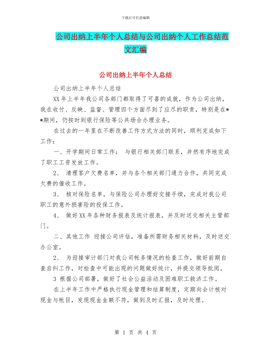公司出纳上半年个人总结与公司出纳个人工作总结范文汇编_第1页