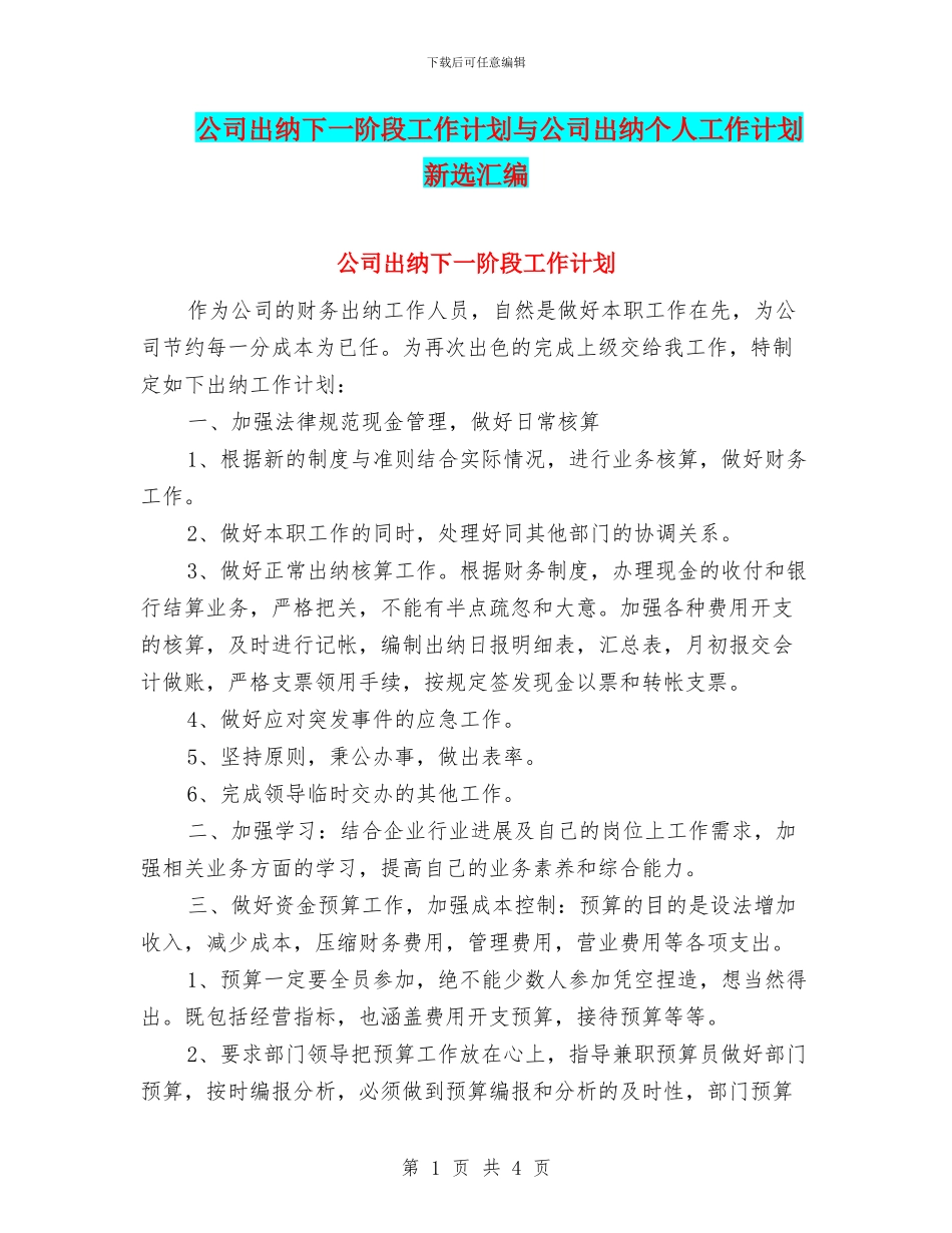 公司出纳下一阶段工作计划与公司出纳个人工作计划新选汇编_第1页