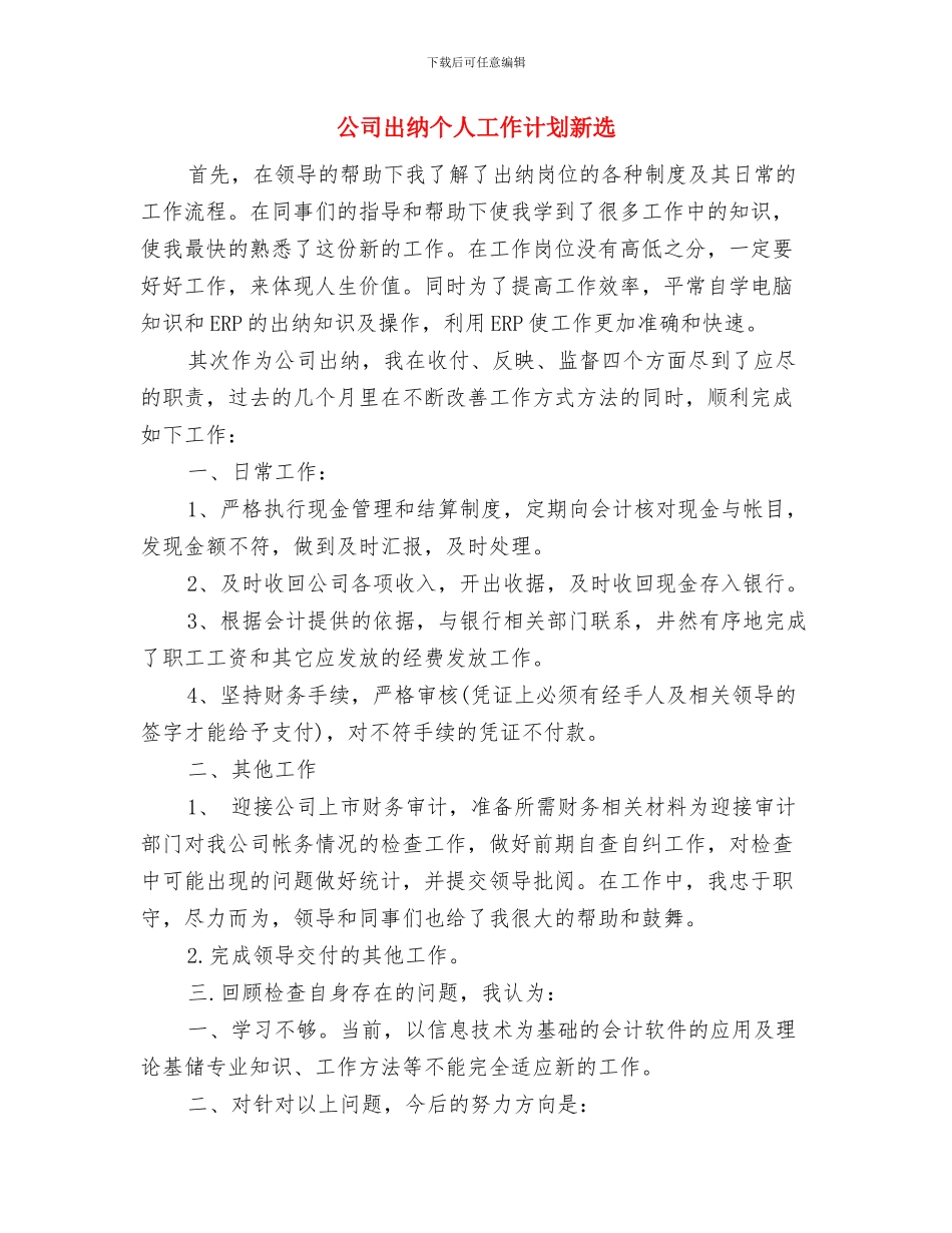 公司出纳下一阶段工作计划与公司出纳个人工作计划新选汇编_第3页