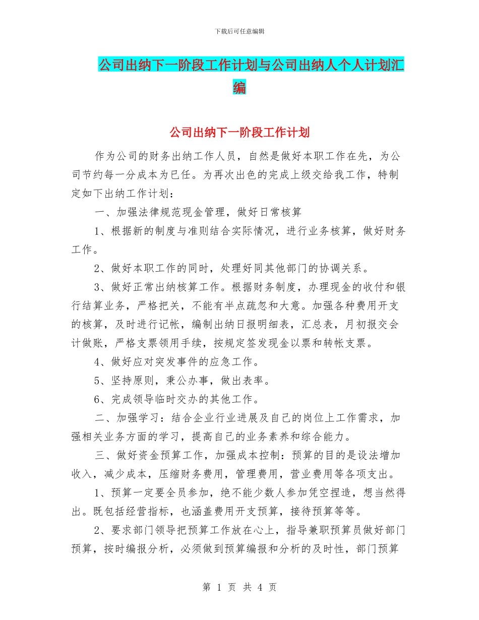 公司出纳下一阶段工作计划与公司出纳人个人计划汇编_第1页