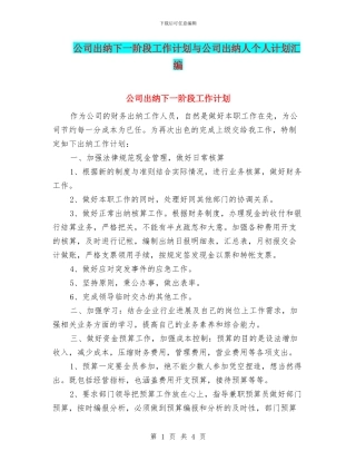公司出纳下一阶段工作计划与公司出纳人个人计划汇编