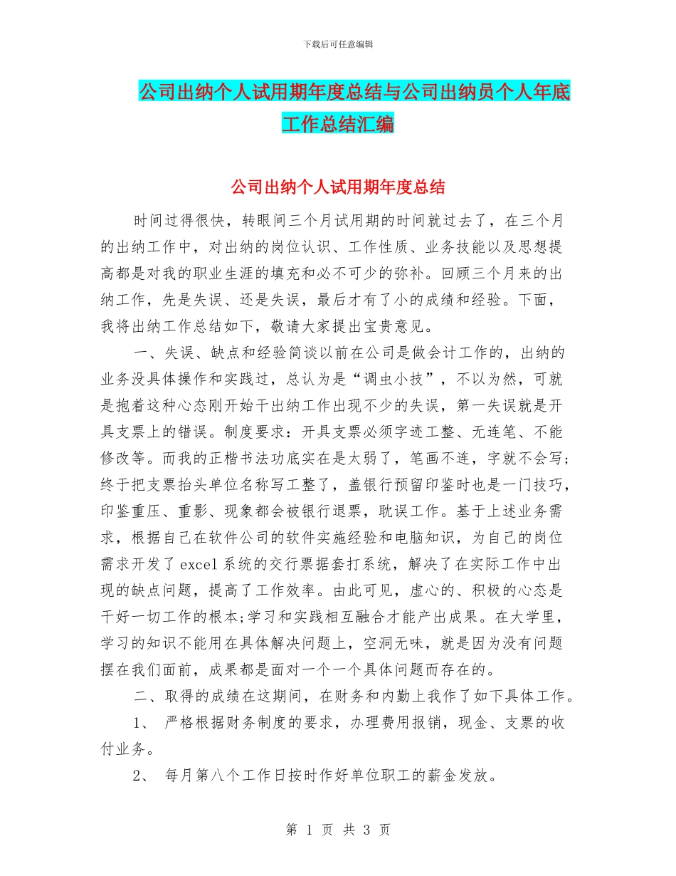 公司出纳个人试用期年度总结与公司出纳员个人年底工作总结汇编_第1页