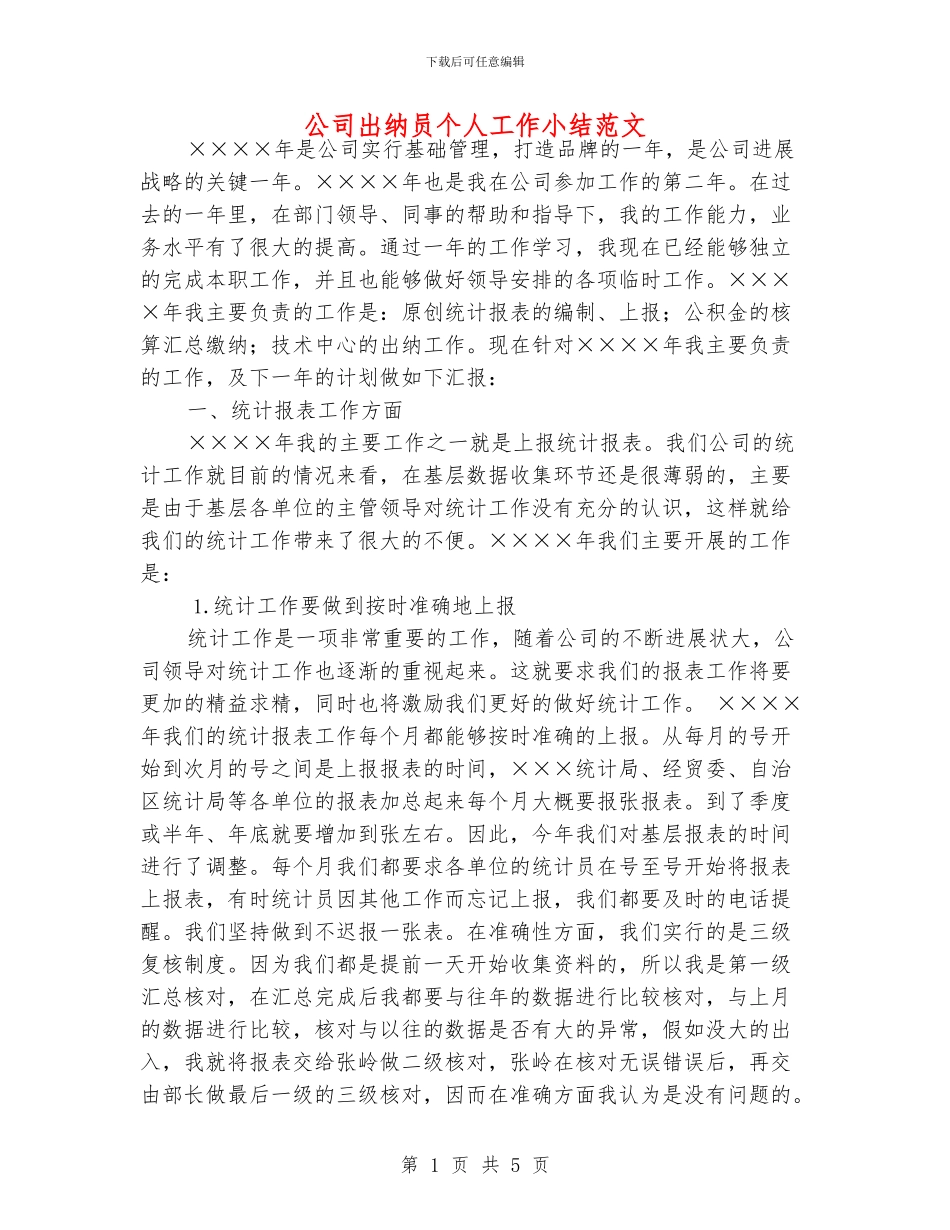 公司出纳员个人工作小结范文_第1页