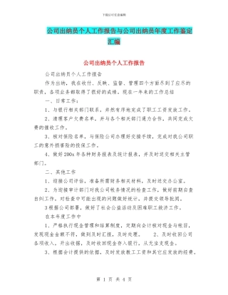 公司出纳员个人工作报告与公司出纳员年度工作鉴定汇编